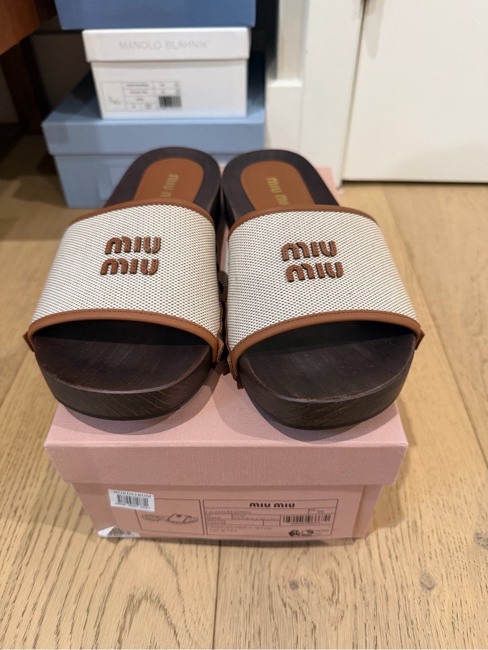 Miu Miu Logo leather trimmed canvas clogs